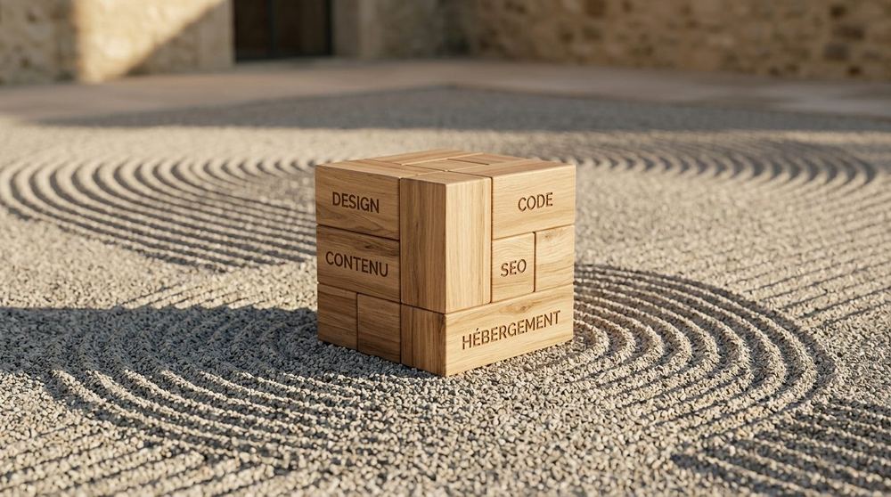 Cube en bois gravé Design, Code, Contenu, SEO, Hébergement